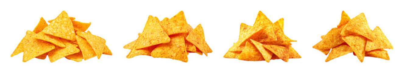 Delicious golden triangle nachos, crunchy snack, perfect for parties and dips, studio shot PNG set Transparent backround