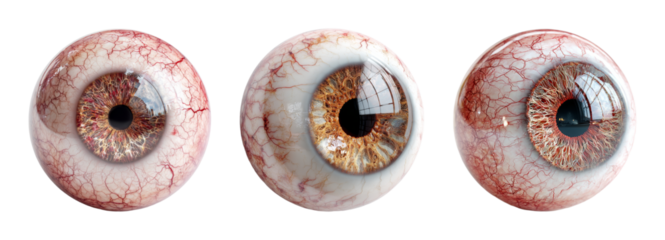 Realistic 3D Rendering of a Human Eyeball with Hazel Iris and Red Veins, Isolated PNG Set Transparent Background