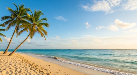 Obraz premium Golden Sands and Swaying Palms A Serene Tropical Beach Paradise with Azure Waters and Clear Skies, Perfect for a Relaxing Vacation