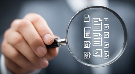Document verification process, hand holding magnifying glass revealing multiple document icons below lens, detailed review and data accuracy check for administrative tasks