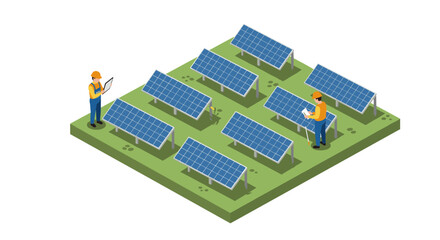 Solar panel maintenance with engineers in isometric design
