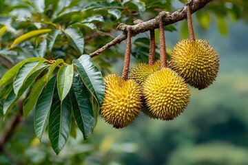 Highly detailed photograph of several large, spiky durian fruits hanging from a thick branch, with lush green leaves in the background capturing it.