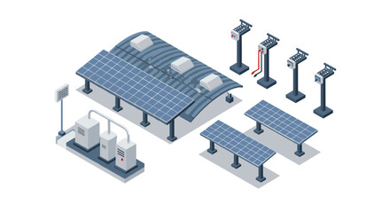 Isometric solar power plant with panels and charging stations in modern design