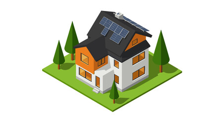 Modern eco-friendly house with solar panels in isometric style