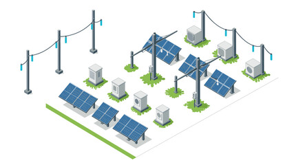 Isometric solar farm with panels and power lines in eco-friendly design