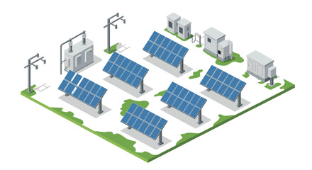 Obraz premium Isometric solar energy plant with panels and infrastructure