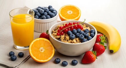 Nutritious and vibrant breakfast spread featuring fresh fruits, wholesome granola, and refreshing orange juice for a healthy start to the day