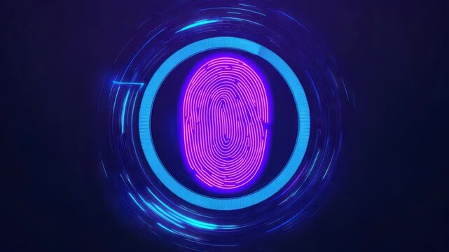 Vibrant Digital Fingerprint in Circular Motion with Blue and Purple Neon Glow for Technology and Security Concepts 4k video footage