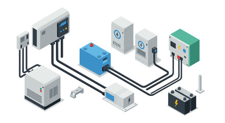 Obraz premium Isometric energy system setup featuring modern electrical components in 3d design