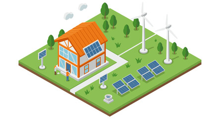 Sustainable energy home with solar panels and wind turbines in isometric green landscape