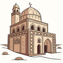 Ornate Mosque with Minaret and Desert Landscape Keywords: mosque, Islamic architecture, religious