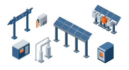 Obraz premium Isometric renewable energy infrastructure with solar panels and power equipment