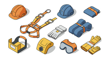 Isometric construction safety gear set with helmet, harness, gloves, and goggles