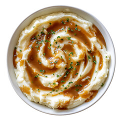 Creamy mashed potatoes with gravy swirl isolated on transparent background