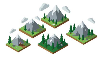 Obraz premium Isometric mountain landscapes with forests and clouds