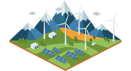 Sustainable energy landscape with wind turbines and solar panels