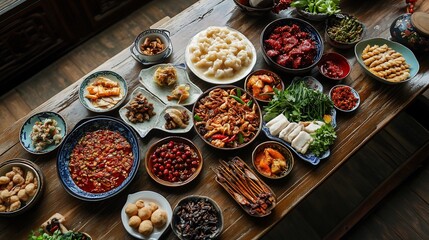 Variety of Asian Dishes on Wooden Table