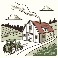 Fototapeta premium Rural farm scene with barn and tractor countryside