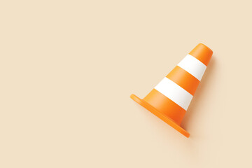 Orange traffic cone with white stripes lying on beige background, 3D render