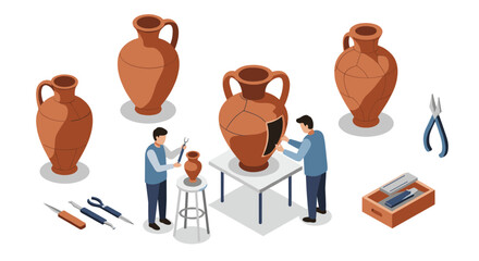 Repairing ancient amphorae: craftsmen reviving broken pottery with careful tools