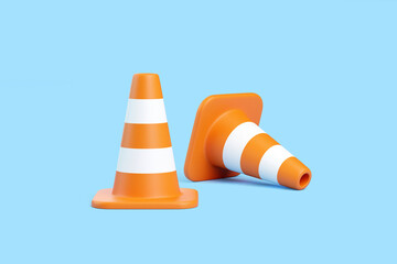 3D traffic cones with white stripes isolated on blue background