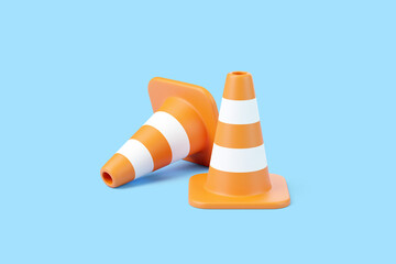 3D orange traffic cones with white stripes on blue background