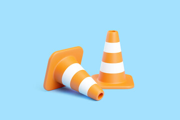 3D orange traffic cones with white stripes isolated on blue background