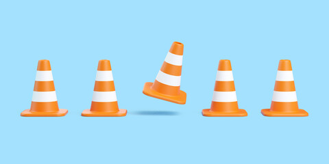 Traffic Cone Falling Among Row of Orange Cones