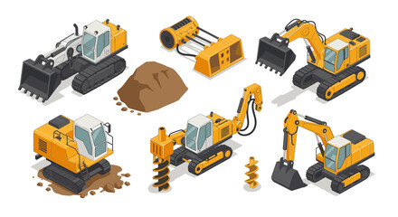 Obraz premium Isometric construction machinery set featuring excavators and attachments
