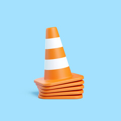 Stack of orange traffic cones with white stripes, 3D render on blue background