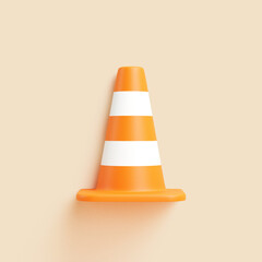 Orange traffic cone with white stripes, 3D render on beige background