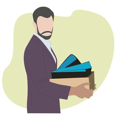 character holding a box with his things with inscription Fired. man fired from job