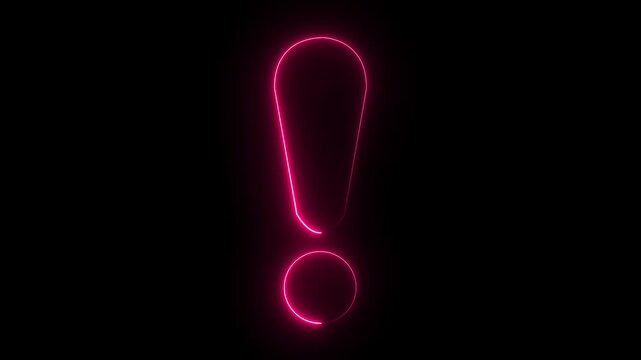Glowing neon pink exclamation mark illuminated on a black background. Bright glowing neon mark on pitch black backdrop. Electric neon exclamation glowing in dark night