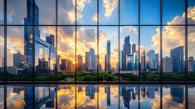 The reflection of an urban skyline on the glass facade of a modern office building.