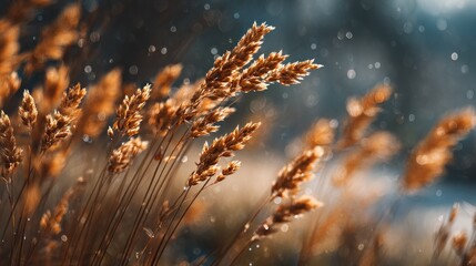 Golden wheat field illuminated by sunlight with soft bokeh effect background
