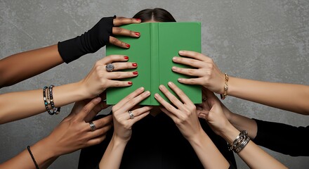 Diverse hands holding a green book hiding a persons face for concept