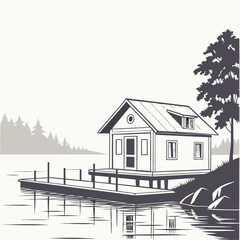 Small cabin on a pier by a lake with trees house dwelling