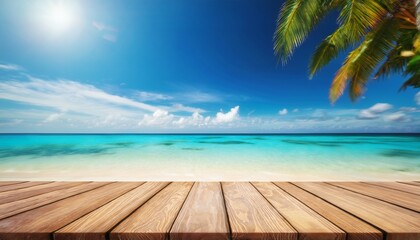 Fototapeta premium wooden table overlooking a tropical beach with palm trees and turquoise ocean under a sunny sky perfect for vacation concepts