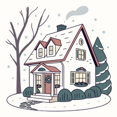 Fototapeta premium Snow- Covered House with Bare Tree and Christmas Wreath Keywords: winter house, snow, cottage