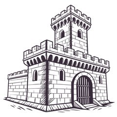 Stone castle with barred gate and tower in monochrome