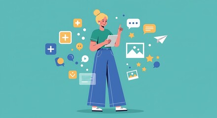 Woman managing social media content creation and online engagement platform