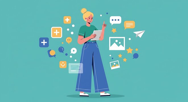 Woman managing social media content creation and online engagement platform