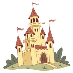 Obraz premium Stylized Castle with Tall Towers and Red Roofs cartoon