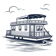 Obraz premium Stylized Houseboat Illustration on Water with Clouds