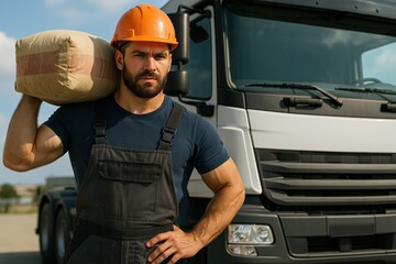 Construction worker carrying heavy cement bag next to truck