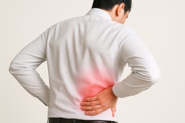 Lumbar Pain: A man clutches his lower back, exhibiting clear discomfort, with a focus on the localized pain around the lumbar region.