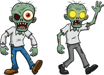 Two cartoon zombies standing side by side, spooky Halloween illustration, green skin, glowing eyes, tattered clothes, horror character design