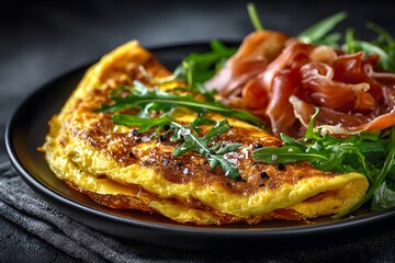 Perfectly cooked gourmet omelette on a matte black plate, served with a side of arugula and crispy prosciutto, shot in a dark, moody photography style.