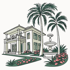 Obraz premium Two- Story House with Balcony, Palm Trees and Fountain Keywords: house, villa, estate
