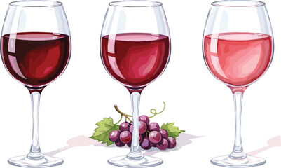 Wine glasses with red and rosé wine, grape bunch accent, elegant drink illustration, vineyard-themed clipart, beverage comparison concept art